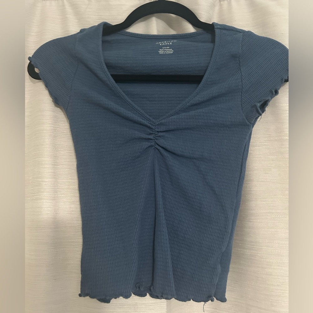American Eagle Outfitters Blue Ruched V-Neck Tee